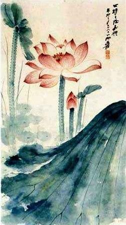 张大千作品：出水红莲